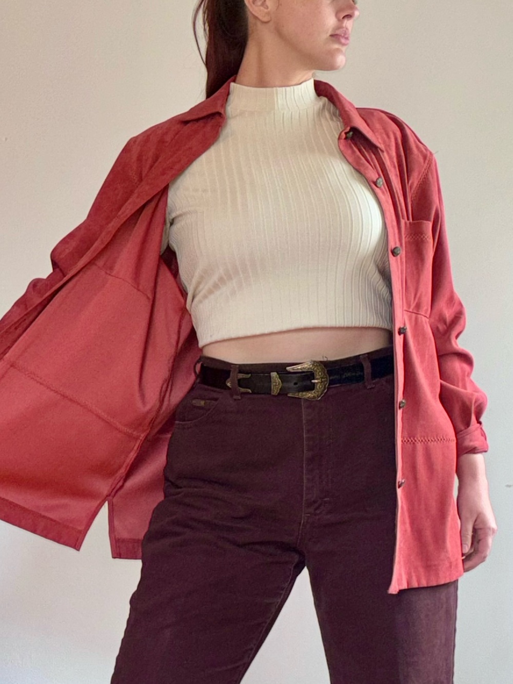 Vintage Rust Coral Button Front Utility Overshirt Shirt Jacket